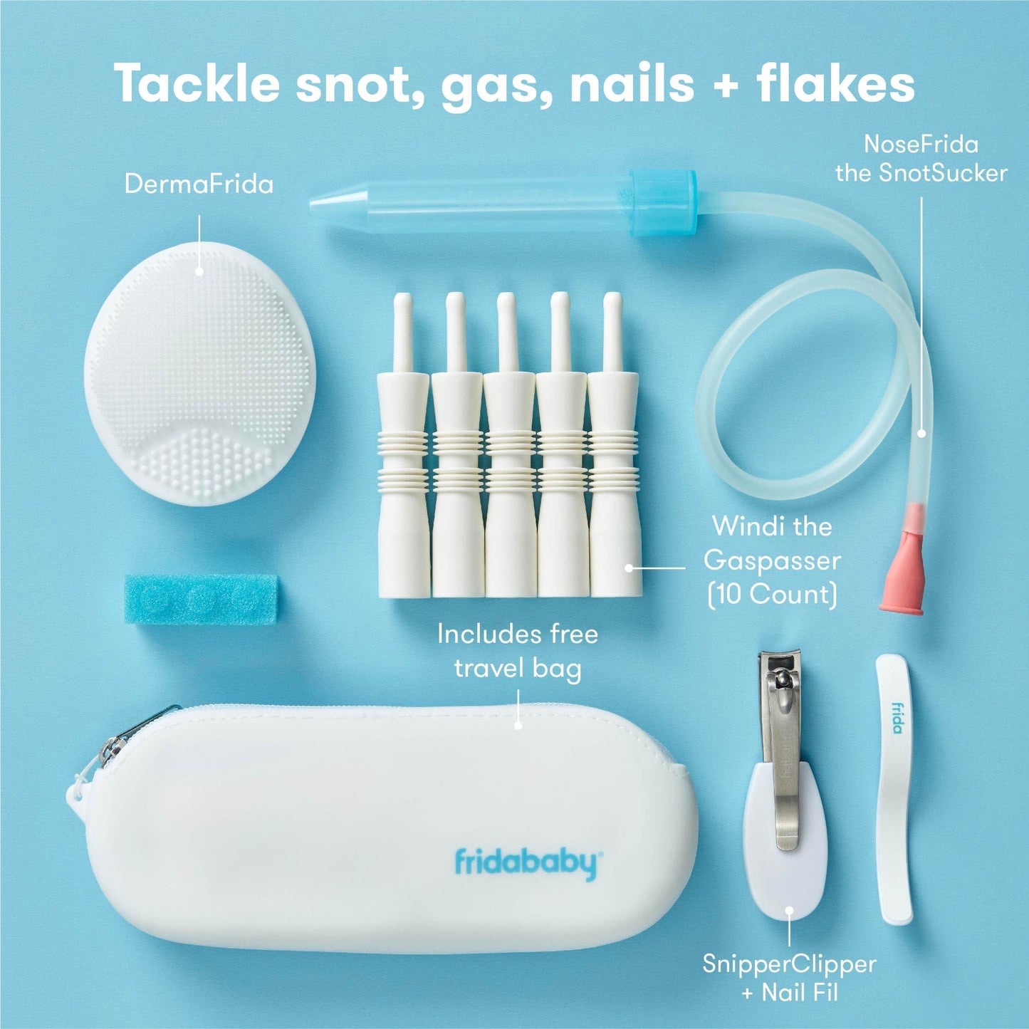 Frida Baby Basics Kit, Baby Essentials Kit Includes Nasal Aspirator Snotsucker, NailFrida Nail Files, Windi Gas Relief, DermaFrida Bath Brush + Silicone Carry Case