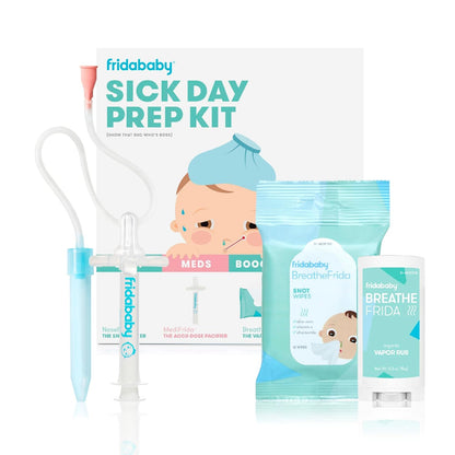 Frida Baby Sick Day Prep Kit, Sick Baby Essentials Includes NoseFrida Nasal Aspirator, MediFrida Pacifier Medicine Dispenser, Breathefrida Vapor Chest Rub + Snot Wipes, Soothe Stuffy Noses for Babies