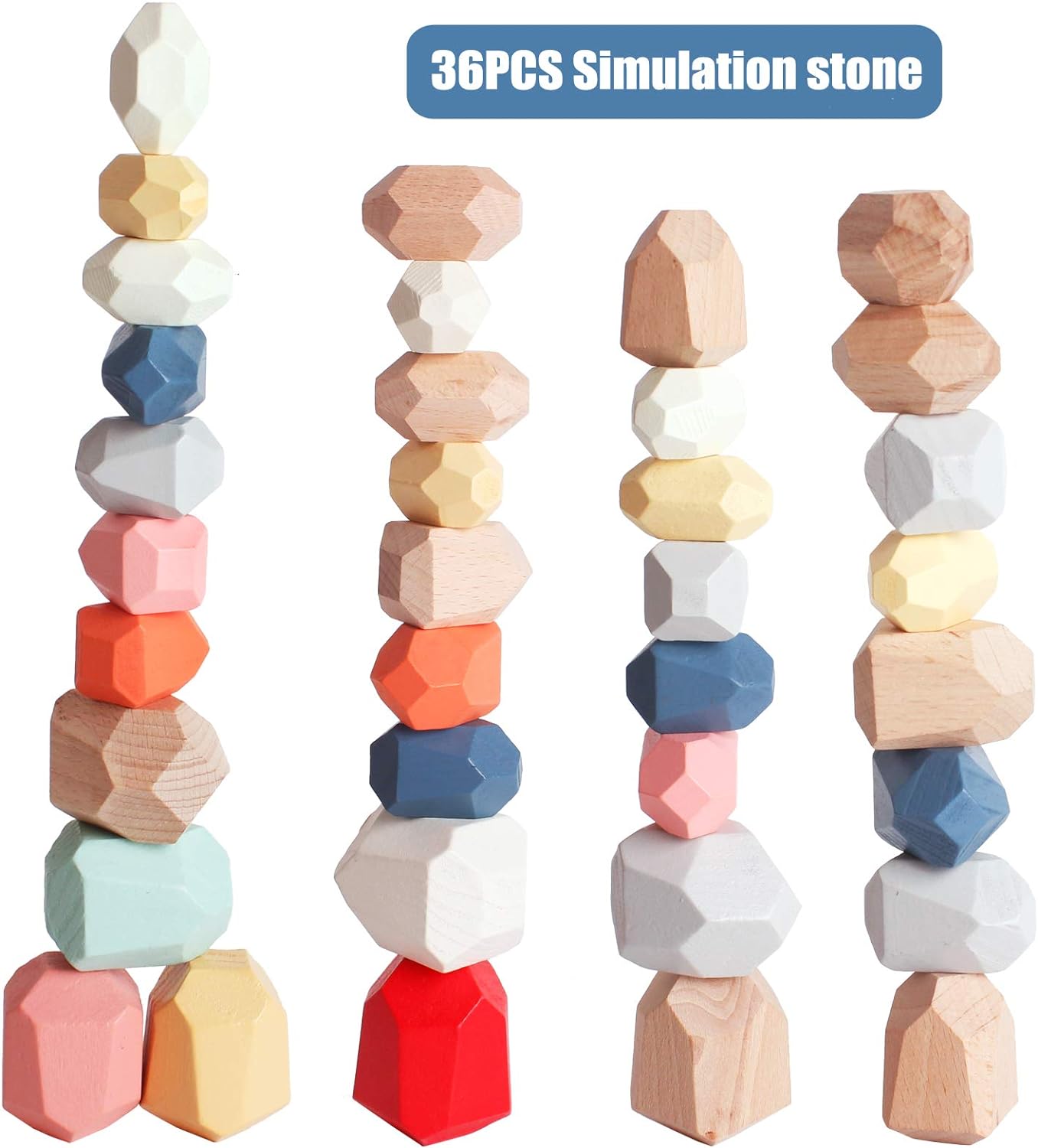 BESTAMTOY 36 PCS Wooden Sorting Stacking Rocks Stones,Sensory Toddler Toys Learning Montessori Toys, Building Blocks Game for Kids 3 4 5 6 Years Boy and Girl Birthday Gifts for Kids