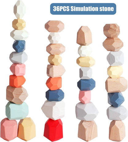 BESTAMTOY 36 PCS Wooden Sorting Stacking Rocks Stones,Sensory Toddler Toys Learning Montessori Toys, Building Blocks Game for Kids 3 4 5 6 Years Boy and Girl Birthday Gifts for Kids