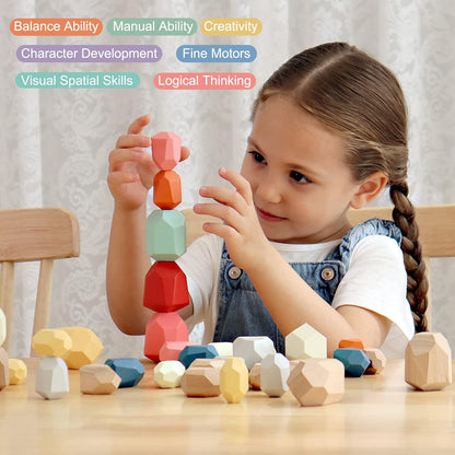 BESTAMTOY 36 PCS Wooden Sorting Stacking Rocks Stones,Sensory Toddler Toys Learning Montessori Toys, Building Blocks Game for Kids 3 4 5 6 Years Boy and Girl Birthday Gifts for Kids