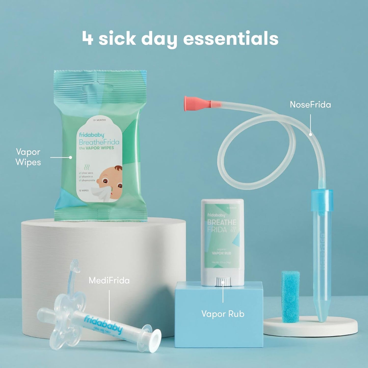 Frida Baby Sick Day Prep Kit, Sick Baby Essentials Includes NoseFrida Nasal Aspirator, MediFrida Pacifier Medicine Dispenser, Breathefrida Vapor Chest Rub + Snot Wipes, Soothe Stuffy Noses for Babies