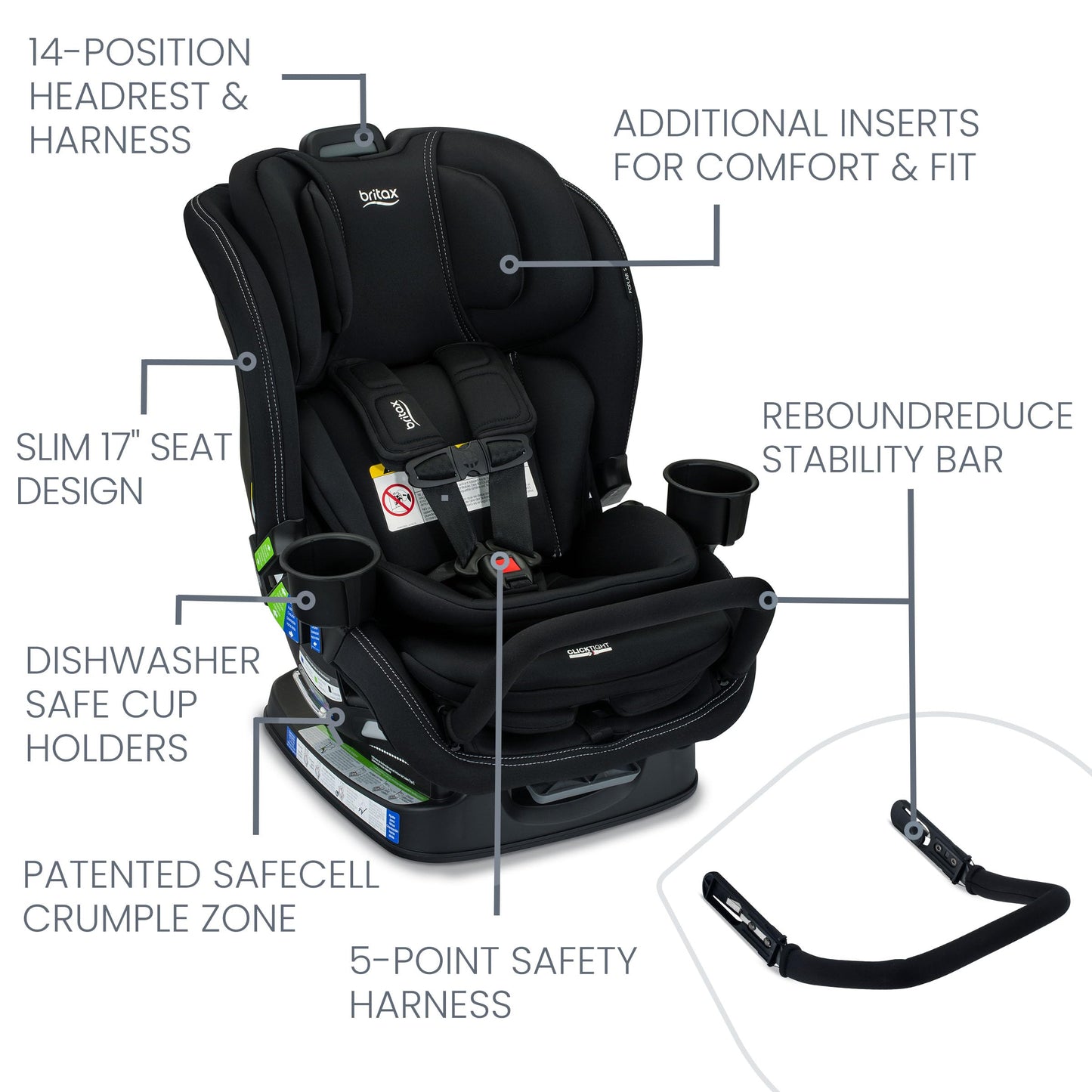 Britax Poplar S Convertible Car Seat, 2-in-1 Car Seat, Slim 17-Inch Design, ClickTight, Cowmooflage