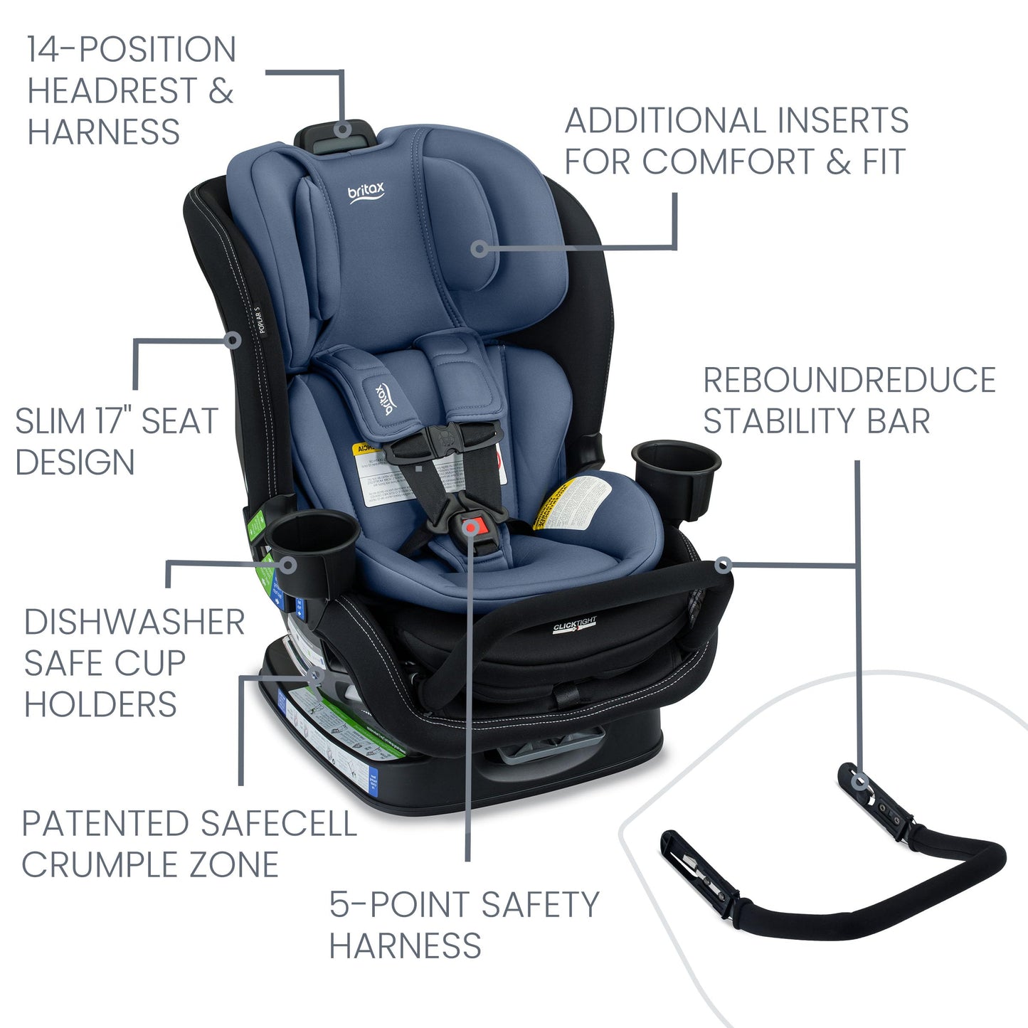 Britax Poplar S Convertible Car Seat, 2-in-1 Car Seat, Slim 17-Inch Design, ClickTight, Cowmooflage