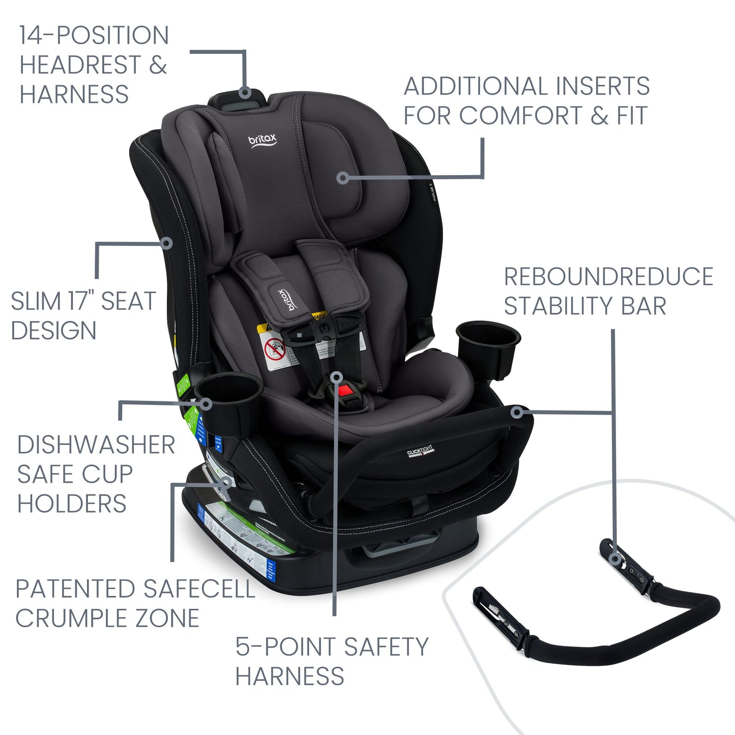 Britax Poplar S Convertible Car Seat, 2-in-1 Car Seat, Slim 17-Inch Design, ClickTight, Cowmooflage